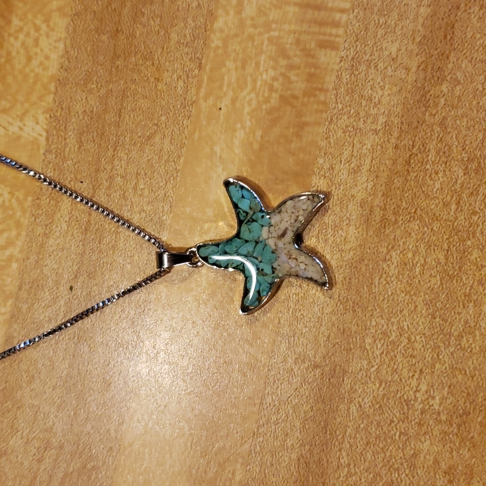 Teal turquoise and sand starfish pendant necklace